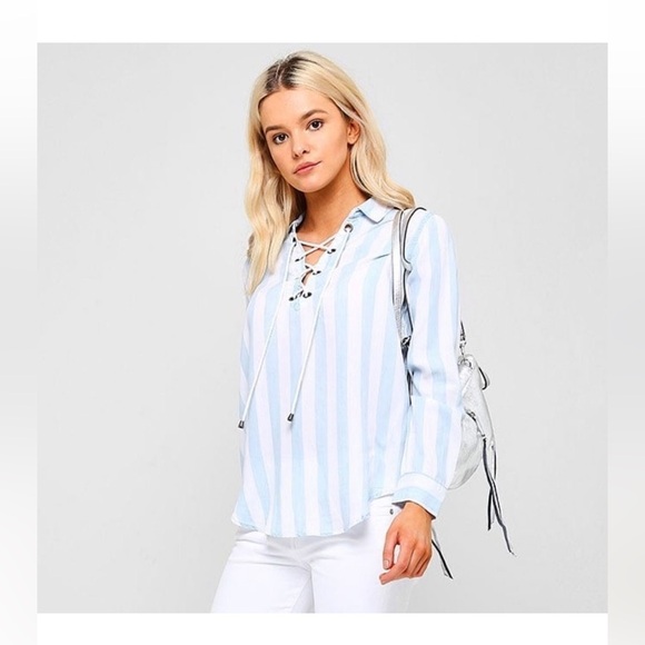 Rails Uli block stripe shirt, size XS, light blue and white, long sleeve - Picture 1 of 4